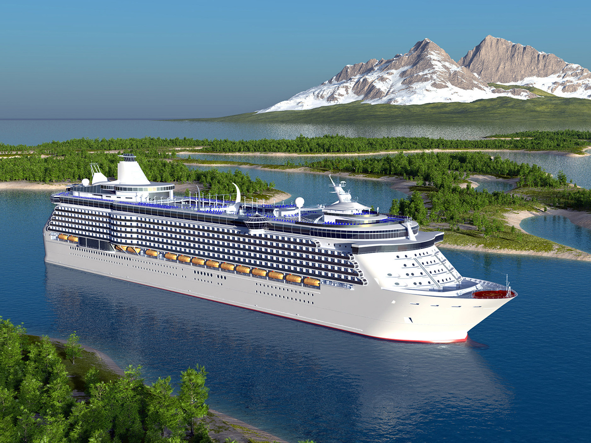 View of a cruise ship overlooking an island. 